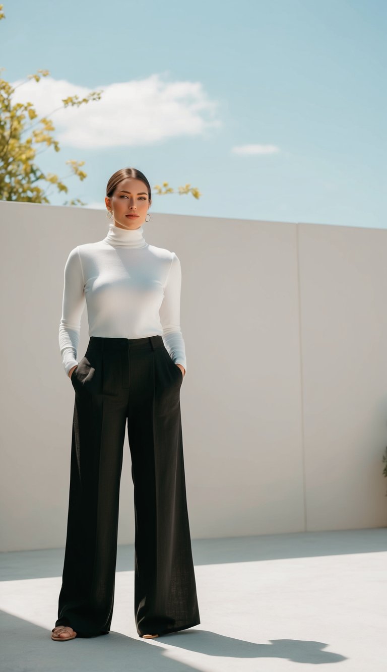 A minimalist scene with black linen pants and a turtleneck, set against a summery backdrop with simple, clean lines