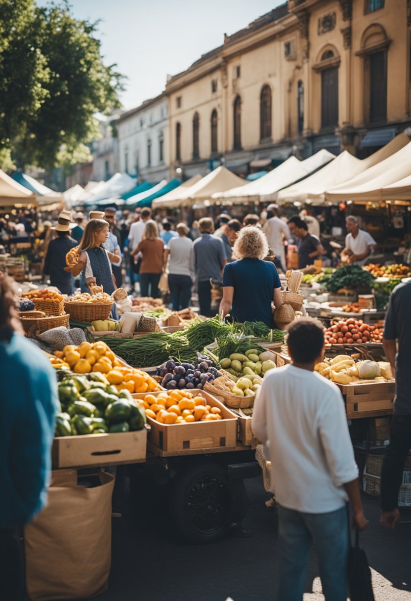 A bustling outdoor market with colorful stalls selling local produce, crafts, and food. Families and friends gather to enjoy live music and festive atmosphere