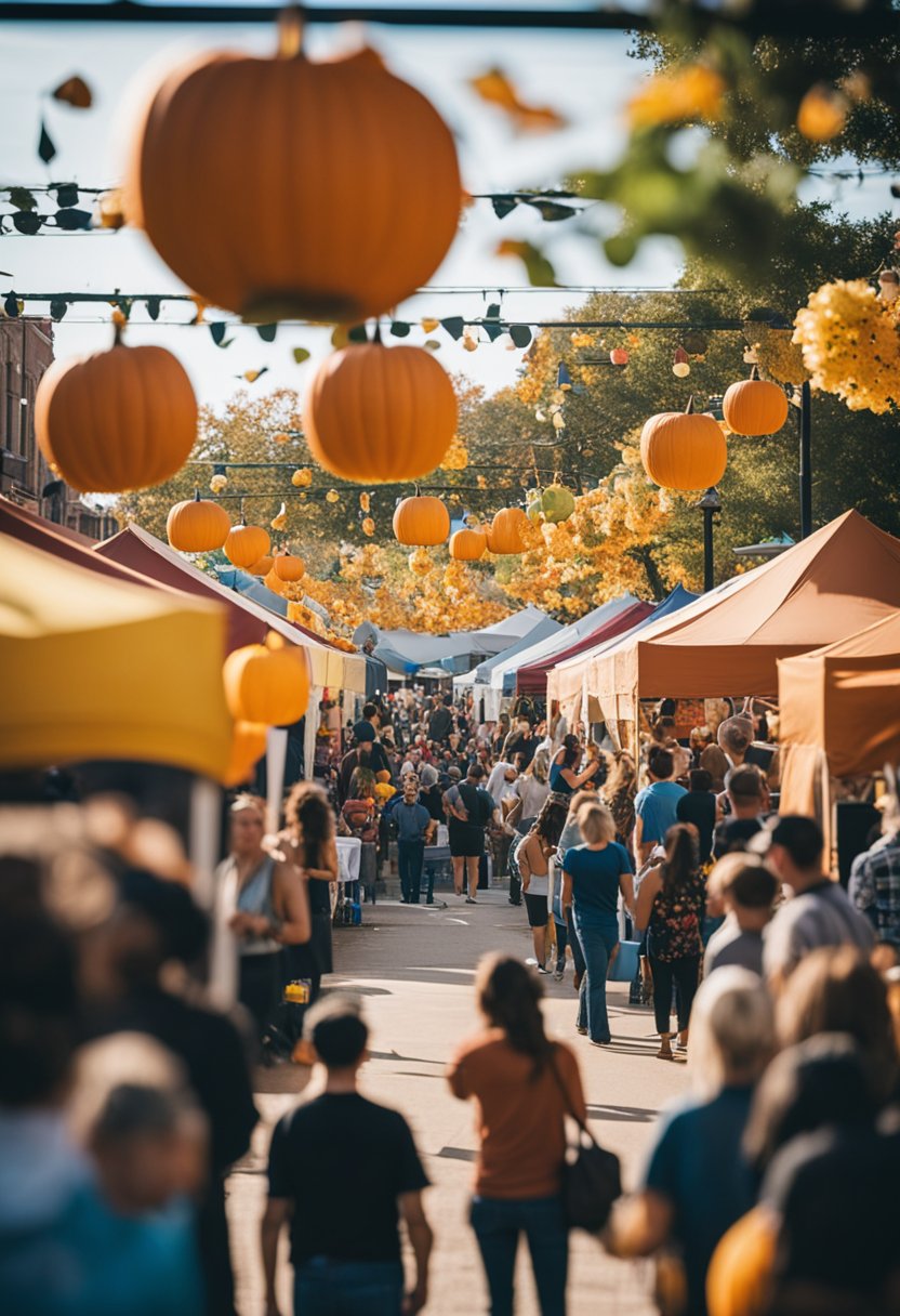 A vibrant fall festival with food vendors, live music, and colorful decorations in downtown Waco