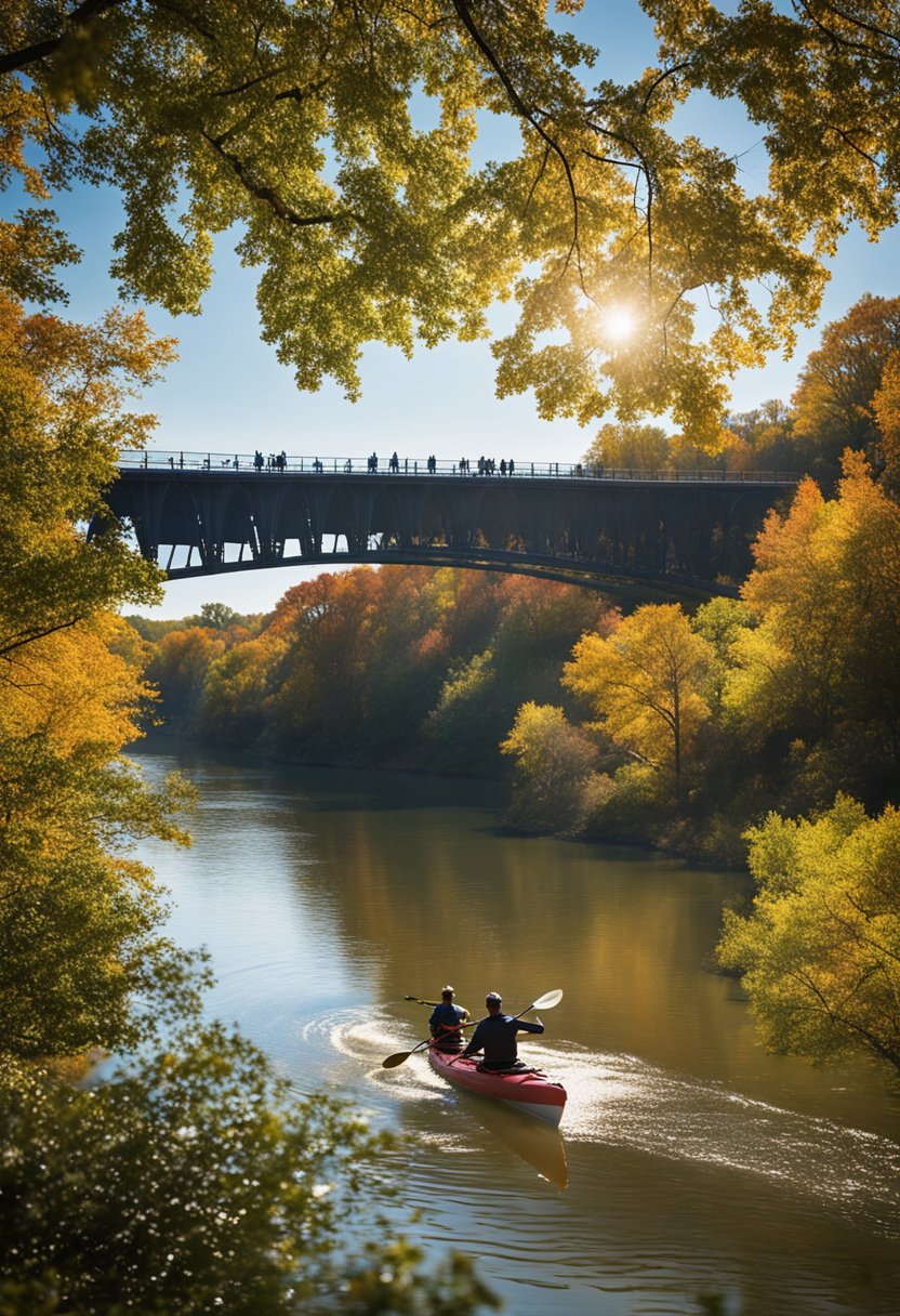 People kayaking on the Brazos River, surrounded by fall foliage and a clear blue sky. Cyclists riding along the scenic river trail with the Waco Suspension Bridge in the background