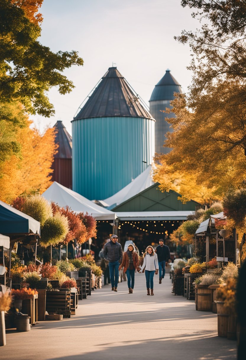 Colorful fall foliage frames the iconic silos of Magnolia Market, while families stroll along the riverwalk and vendors set up for the upcoming holiday market