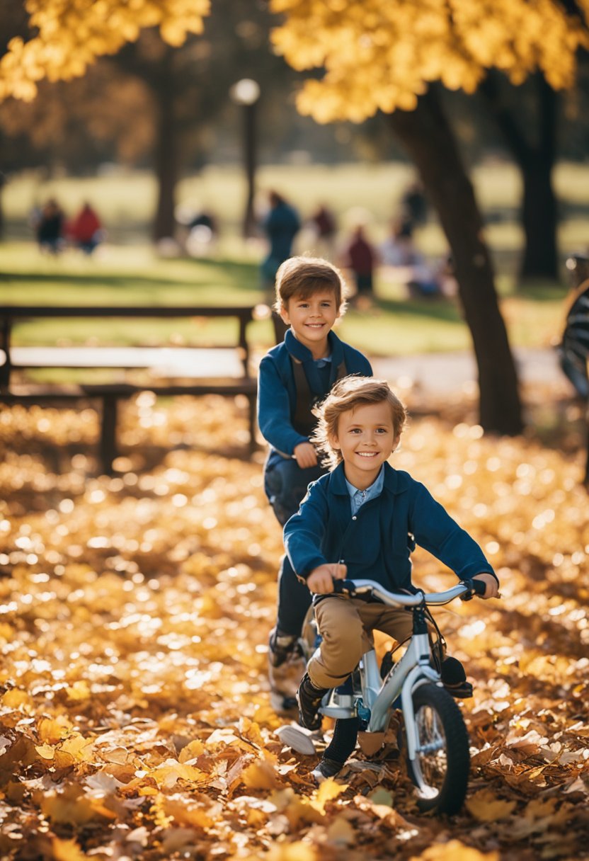 Children playing in a colorful park with fall foliage, families picnicking, and people enjoying outdoor activities like hiking and biking in Waco this November