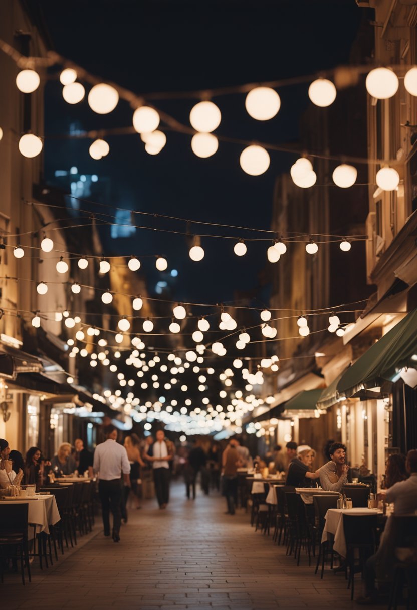 A bustling street lined with vibrant restaurants and bars, illuminated by the warm glow of string lights and filled with the sounds of laughter and live music