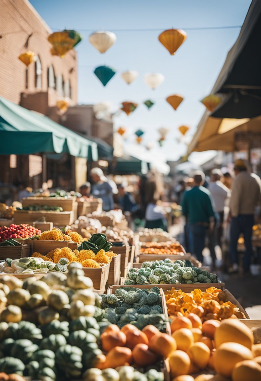 A bustling outdoor market filled with colorful stalls selling handmade crafts and local souvenirs in downtown Waco on a sunny November day