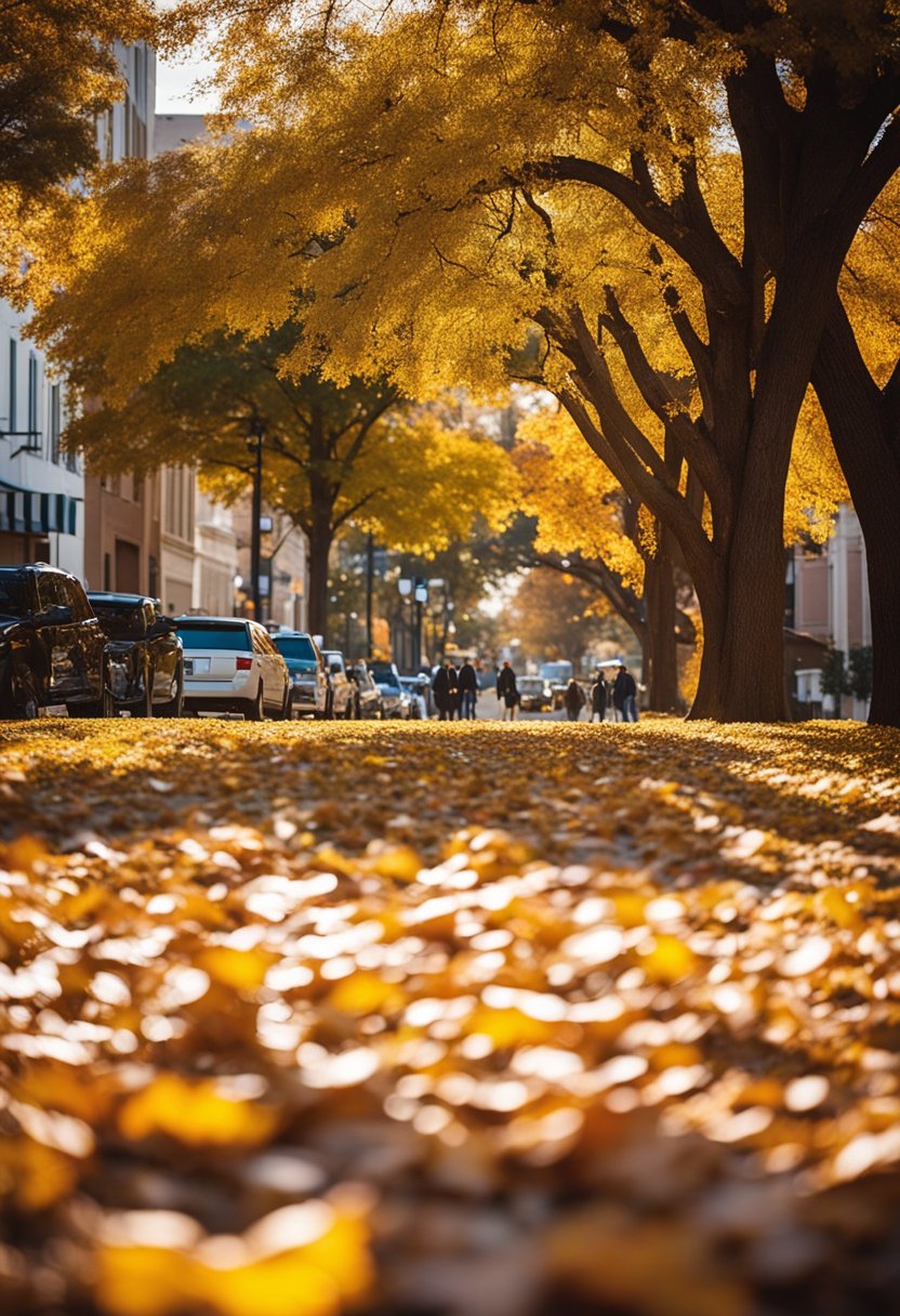 A sunny November day in Waco, with colorful leaves falling from the trees and people strolling through the downtown area, enjoying outdoor activities and local events