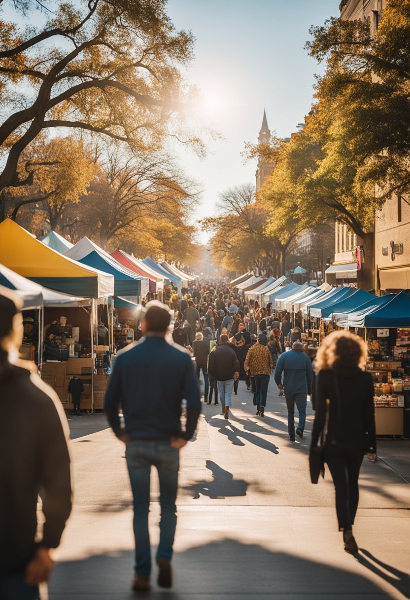 A bustling street fair in downtown Waco, with colorful vendor booths, live music, and crowds of people enjoying the November sunshine