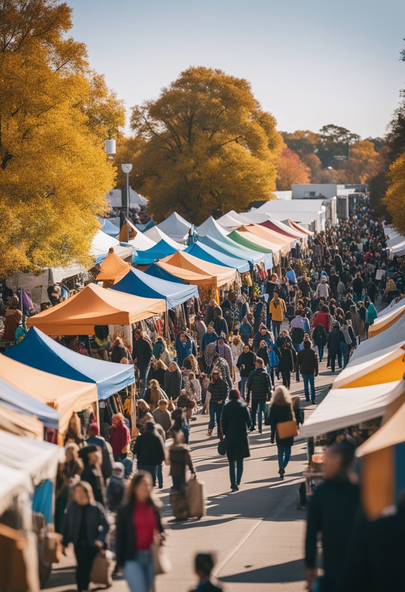 A bustling street filled with colorful tents and lively music, as people browse through artisan crafts and sample delicious food at a November festival in Waco