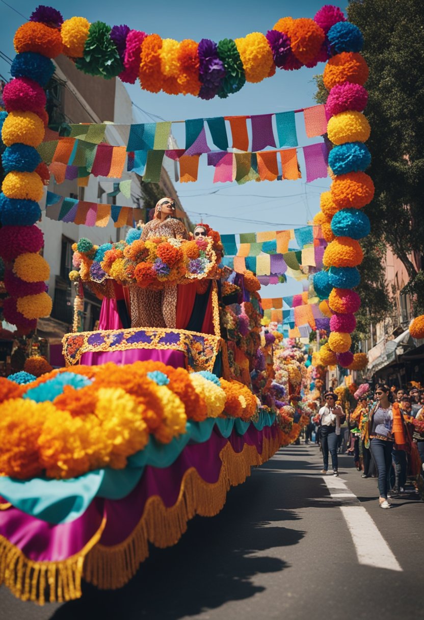 A vibrant parade floats through the streets, adorned with colorful papel picado and marigold flowers. Music fills the air as people gather to celebrate Dia de los Muertos