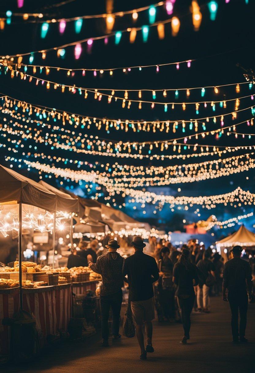 A festive scene with colorful lights, food vendors, and live music in Waco Wonderland