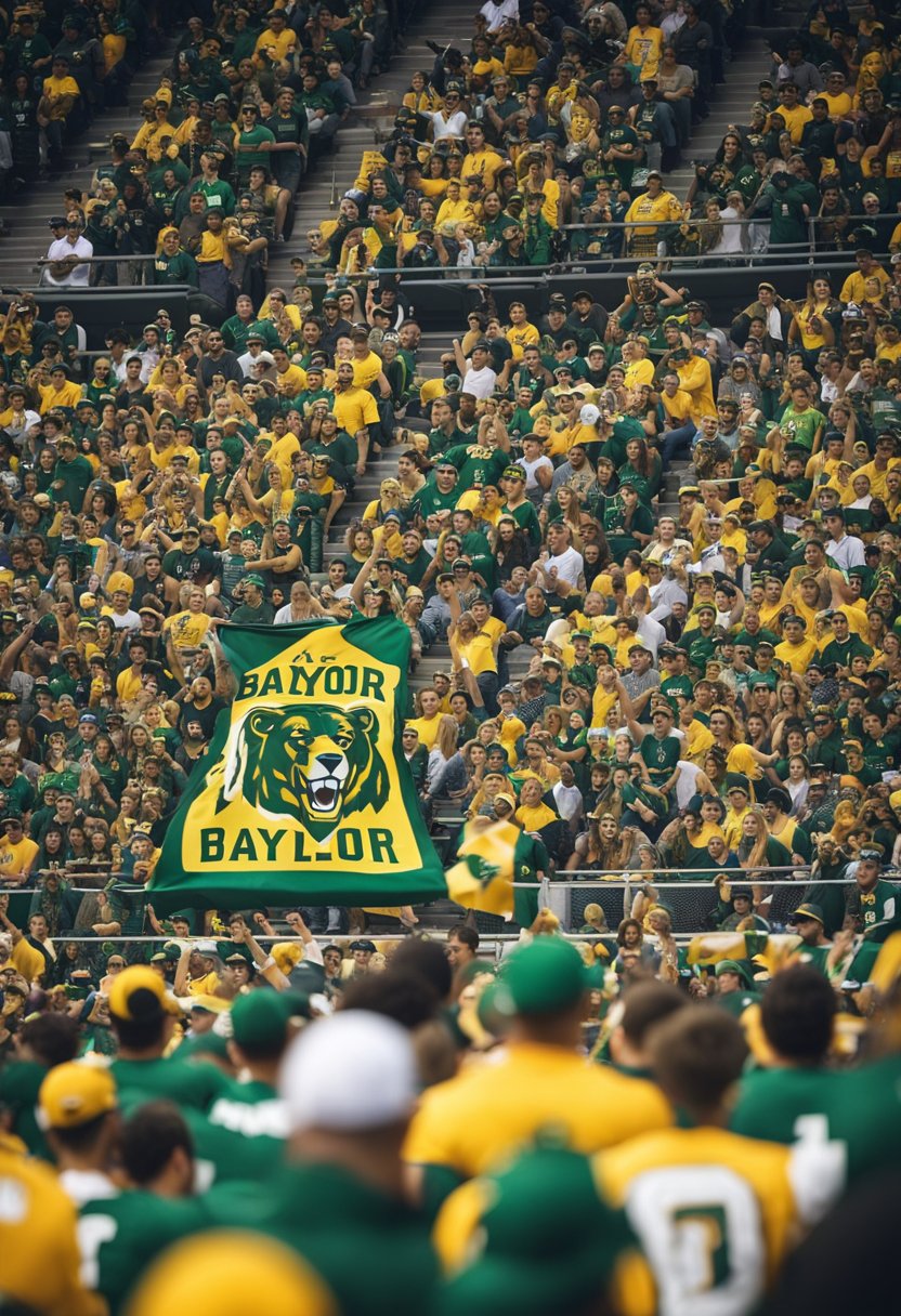 A crowded stadium filled with cheering fans, colorful banners, and the Baylor Bears logo displayed prominently