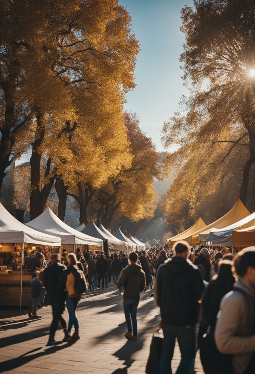 A bustling festival scene with food vendors, live music, and people enjoying burgers and brews in the November sunshine