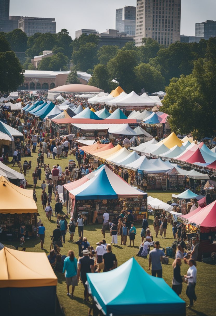 A bustling festival scene with colorful tents, food vendors, and live music. Visitors enjoy sipping Dr Pepper while browsing arts and crafts