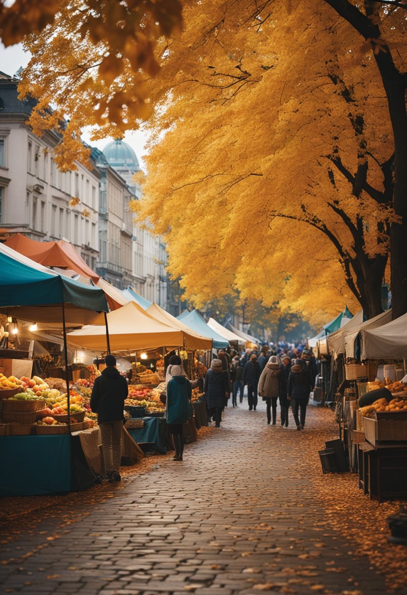 A bustling street market with colorful tents and lively music, surrounded by historic buildings and autumn foliage