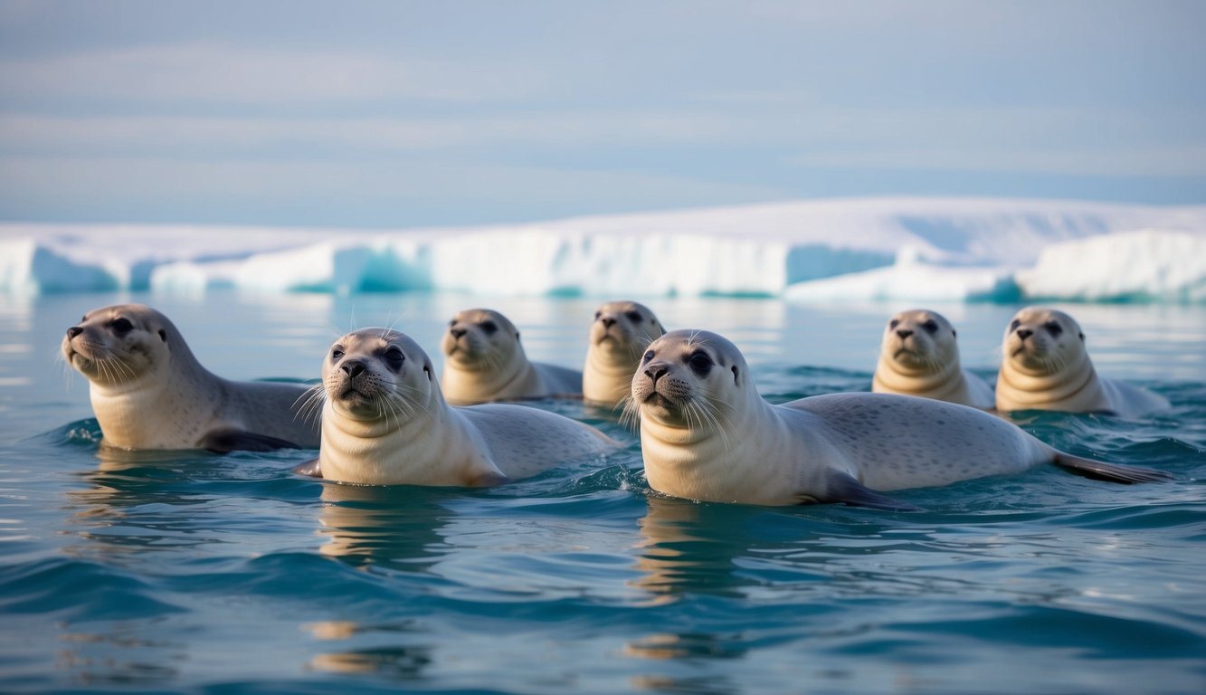 A group of seals swimming gracefully through the frigid, icy waters of the Arctic, their sleek bodies perfectly adapted to the harsh environment