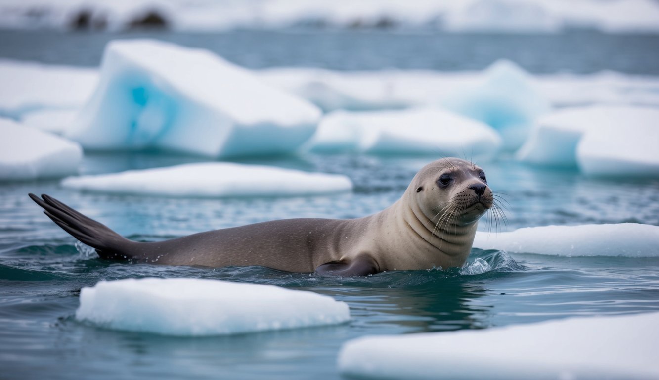 A seal swims through icy waters, navigating around floating chunks of ice.

The frigid water surrounds the seal as it searches for food and avoids predators