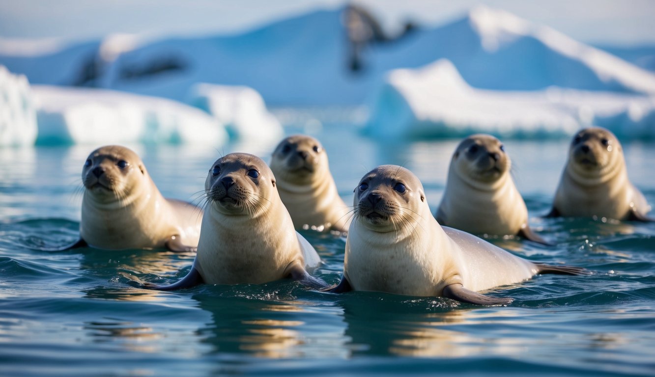 A group of seals swimming gracefully through the icy waters of the Arctic, their sleek bodies adapted for survival in the frigid environment