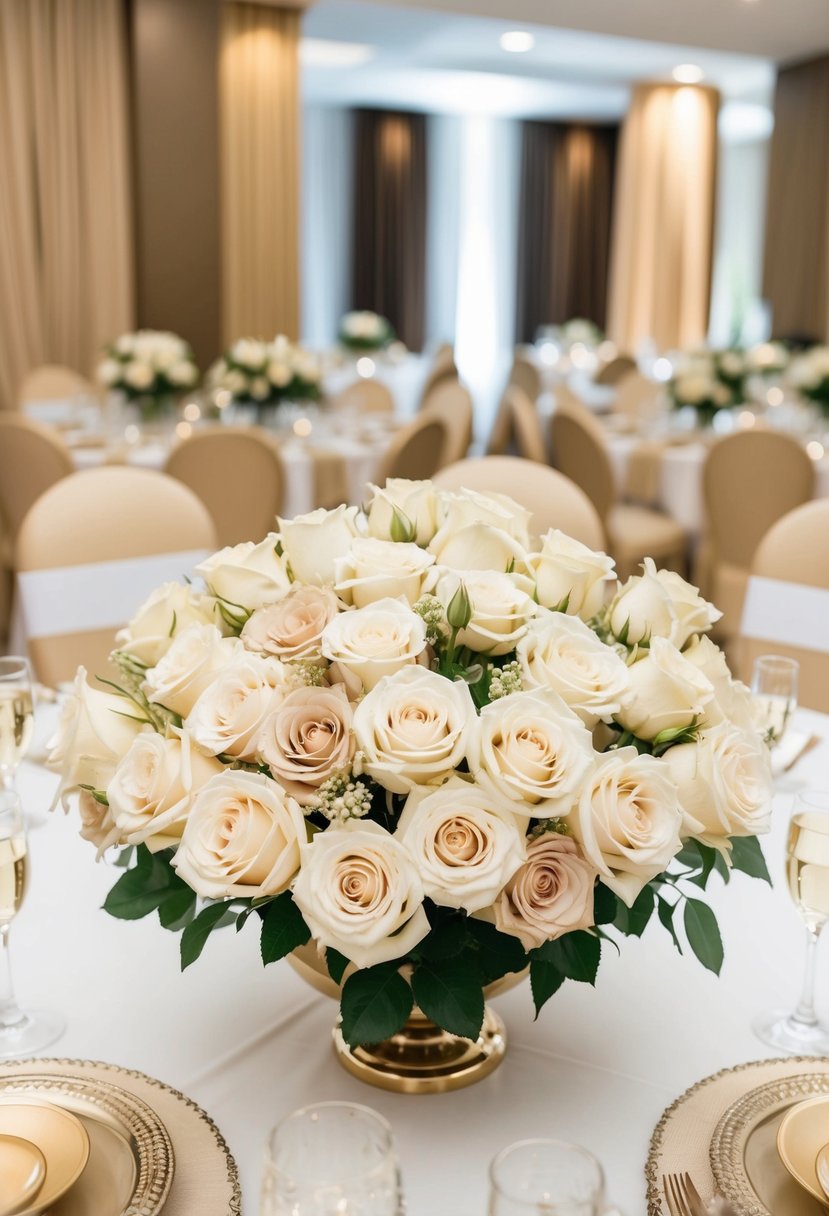 A table adorned with ivory and champagne rose bouquets, surrounded by beige and champagne colored decor