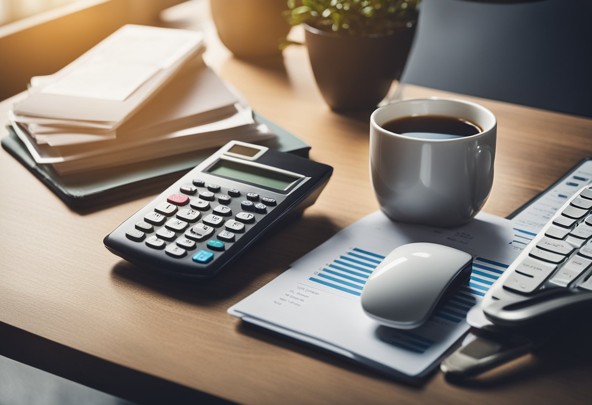 A desk with a computer, calculator, and financial documents. A cup of coffee sits nearby