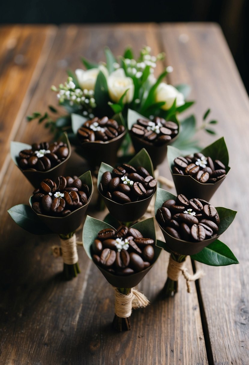 A group of dark brown coffee bean boutonnières arranged on a rustic wooden table with greenery and small white flowers