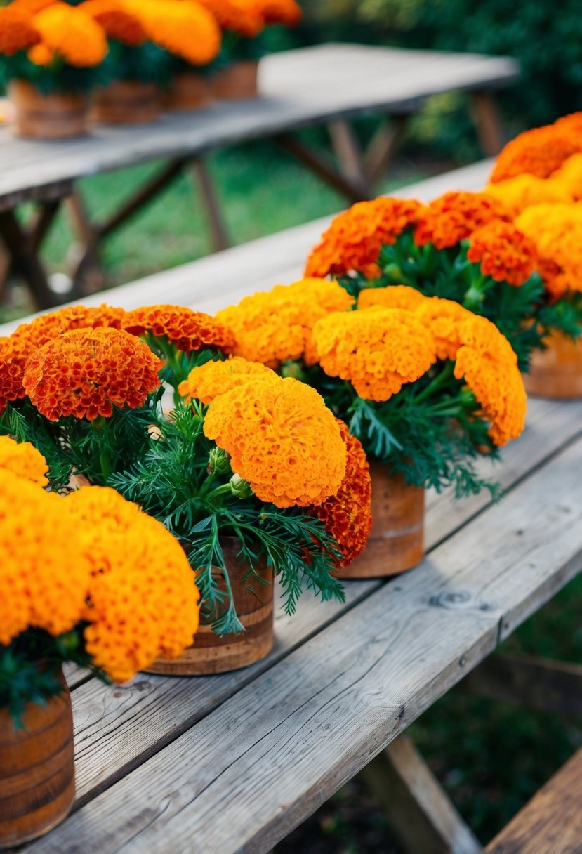Vibrant marigold bouquets arranged on rustic wooden tables at an outdoor autumn wedding