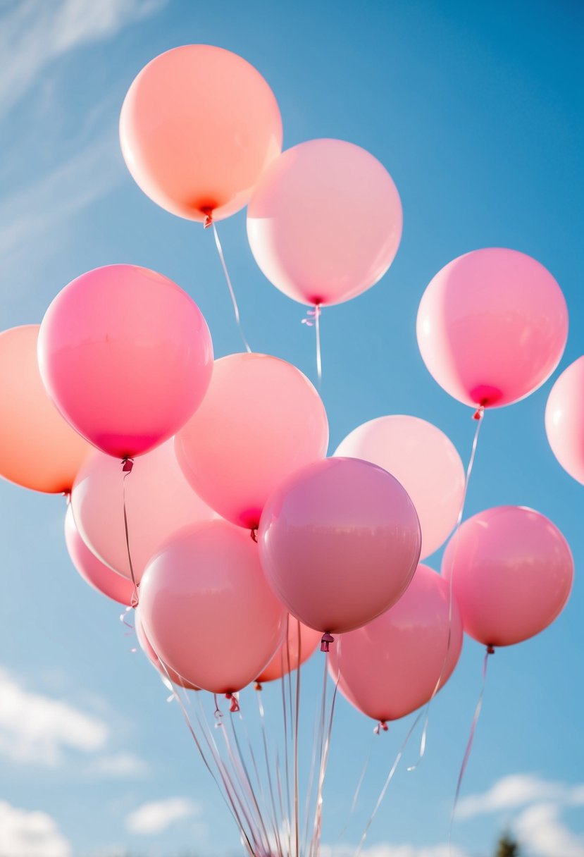 A cluster of pink ombre balloons floating against a clear blue sky, creating a dreamy and romantic atmosphere for a wedding celebration
