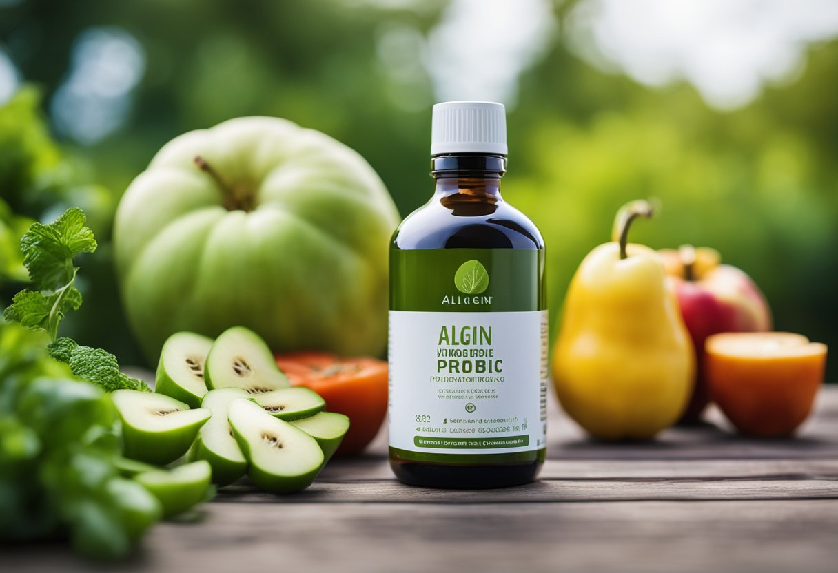 A serene, green landscape with a clear blue sky, featuring a bottle of Align Probiotics surrounded by various fresh fruits and vegetables