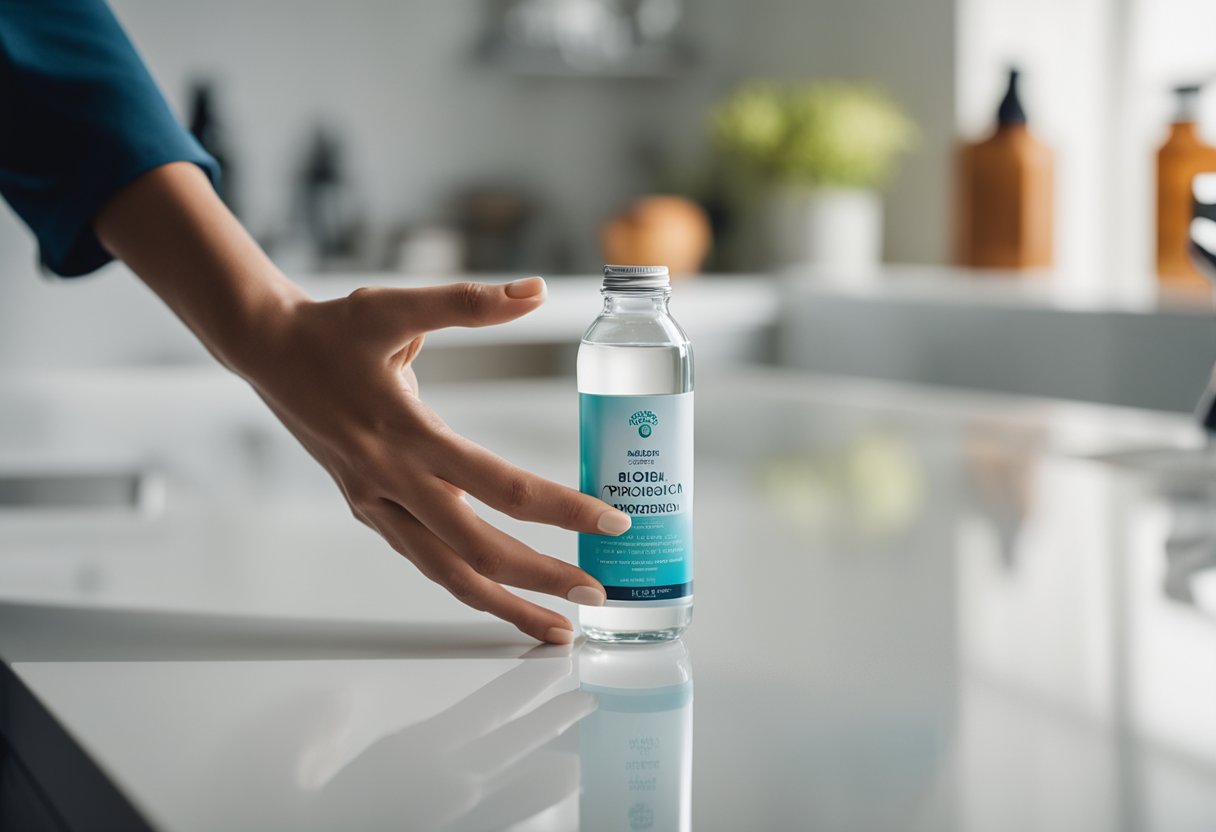 A woman's hand placing a bottle of Align Probiotic on a clean, white countertop, with a glass of water nearby