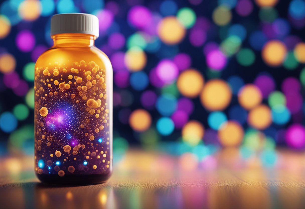 A colorful bottle of Potential Side Effects align probiotic surrounded by swirling probiotic bacteria and a glowing aura