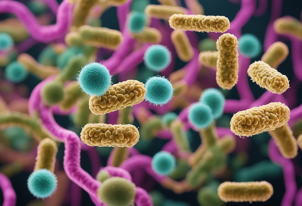 A diverse group of bacteria strains surround and interact with a healthy, vibrant digestive system