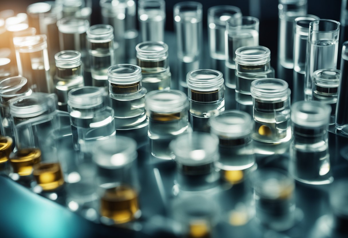 A laboratory table with test tubes, petri dishes, and scientific equipment. A microscope is set up, and a computer displays data on Align Probiotics