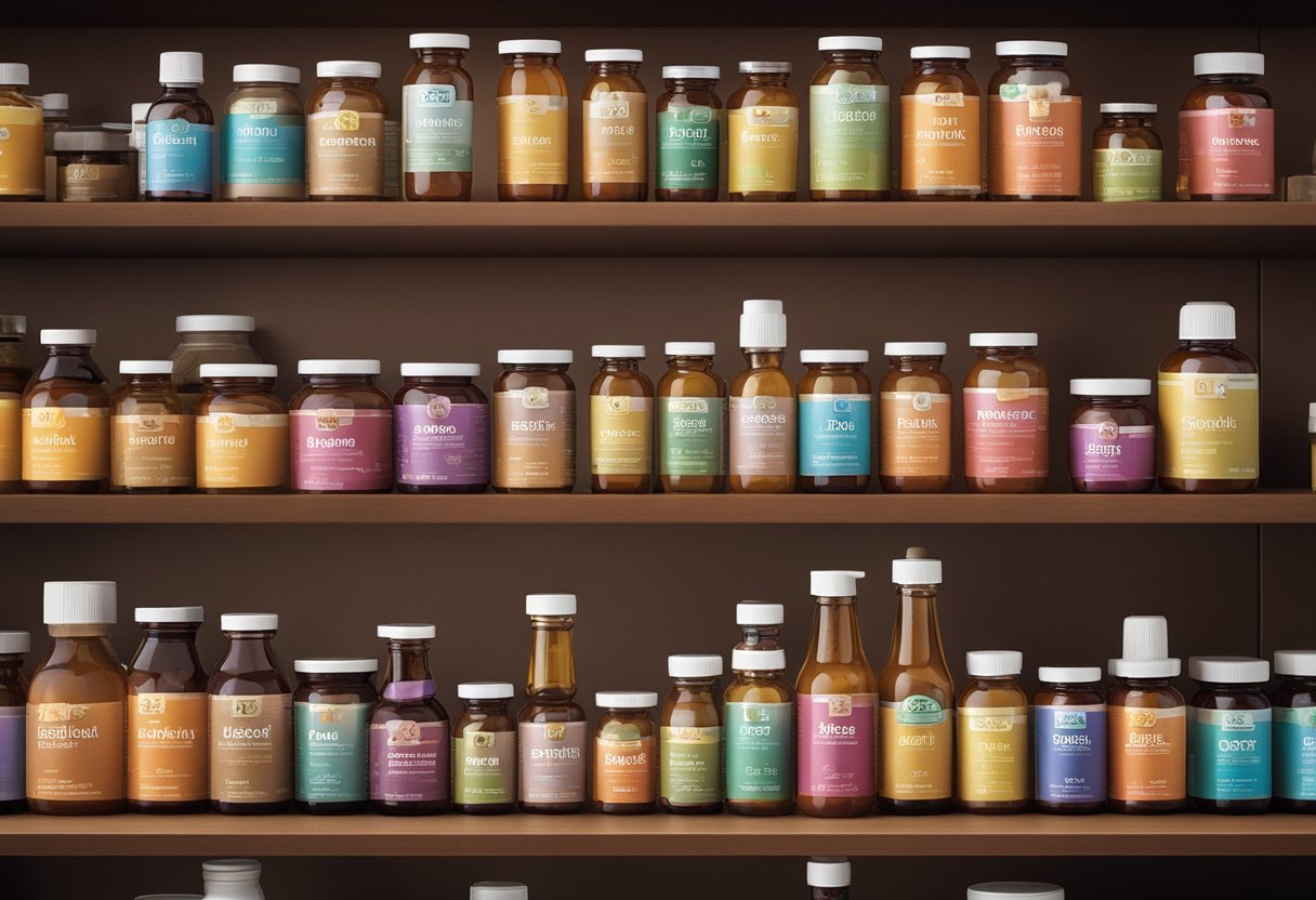 A variety of probiotic supplement bottles arranged on a shelf, with colorful labels and different sizes, surrounded by images of gut-friendly foods