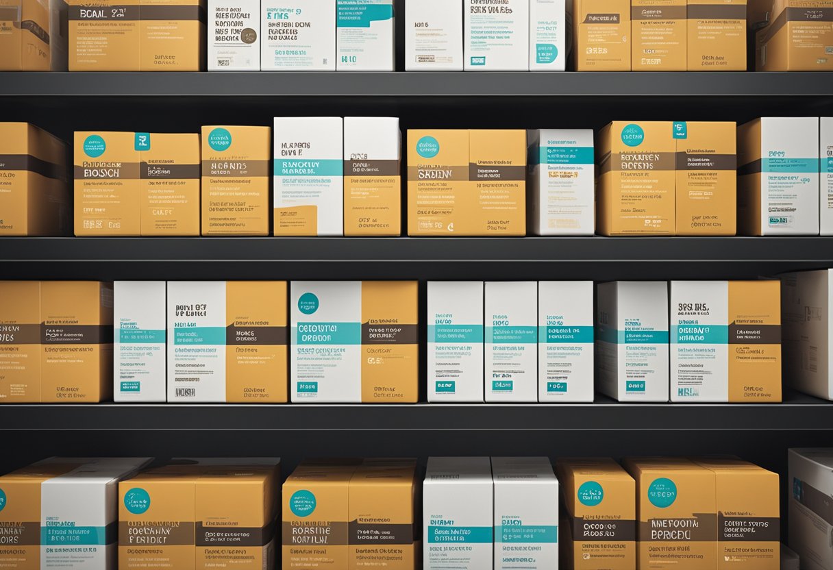 A shelf filled with Align Probiotic boxes with a stack of frequently asked questions and positive reviews beside them