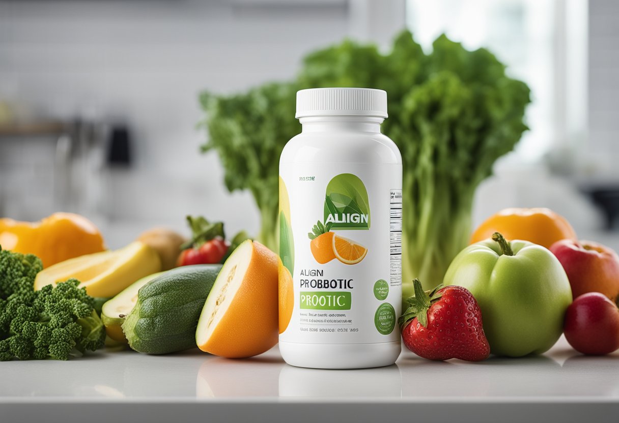 A bottle of Align Probiotic sitting on a clean, white countertop, surrounded by various colorful fruits and vegetables