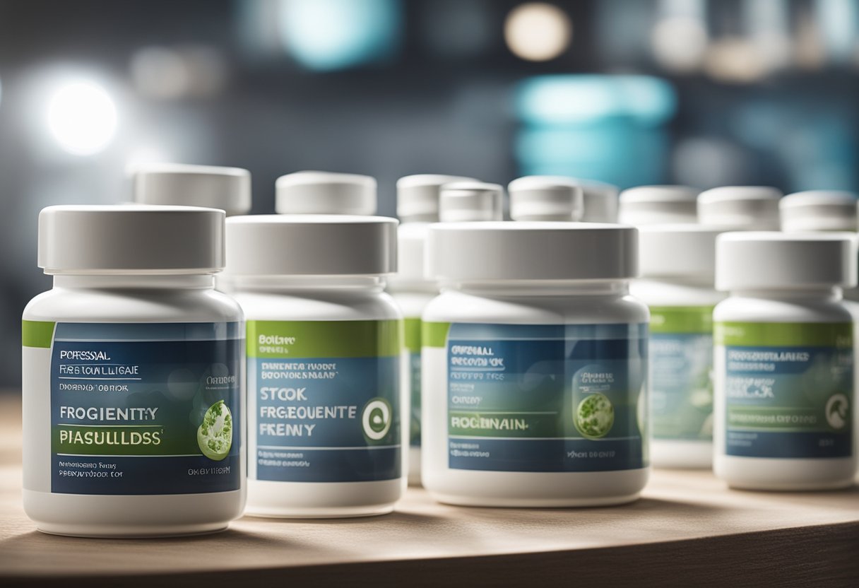 A row of probiotic supplement bottles with the "Frequently Asked Questions" section highlighted, surrounded by positive reviews and star ratings