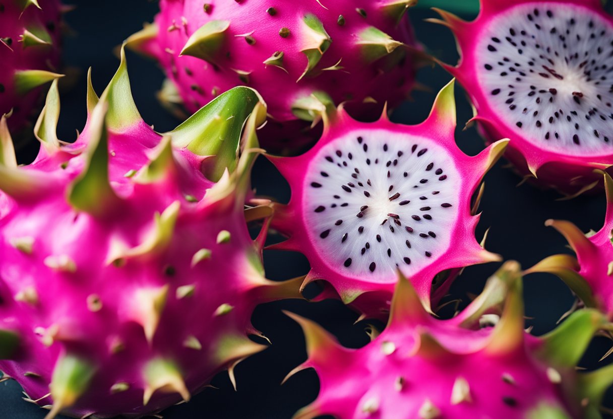 A vibrant dragon fruit with pink skin and green scales, chilling on a plate. It exudes an exotic flair, tempting to eat but almost too beautiful to disturb