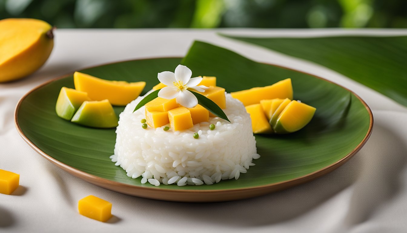 Mango sticky rice on ceramic plate with mango slices, coconut cream, jasmine flowers, pandan leaves, and mung beans in soft natural light