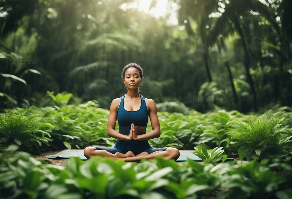 Ramybės peizažas su figūra, praktikuojančia jogą ar meditaciją, apsupta gyvybingų, sveikų augalų ir natūralių elementų