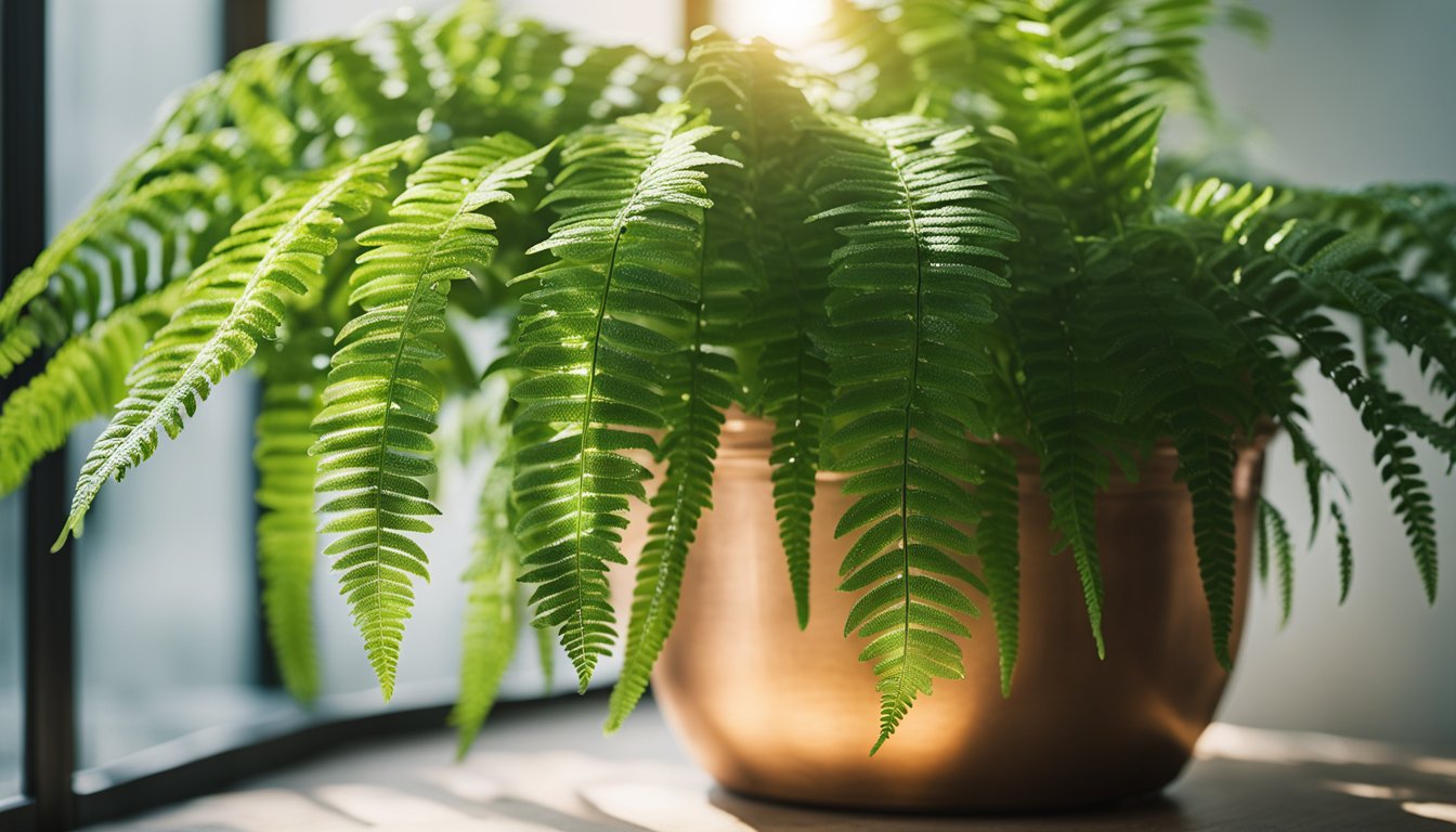 A Boston fern cascades from a copper planter, fronds creating layers in filtered light. Morning sun reveals shades of green, water droplets cling to the fronds, baby ferns emerge, against a white wall