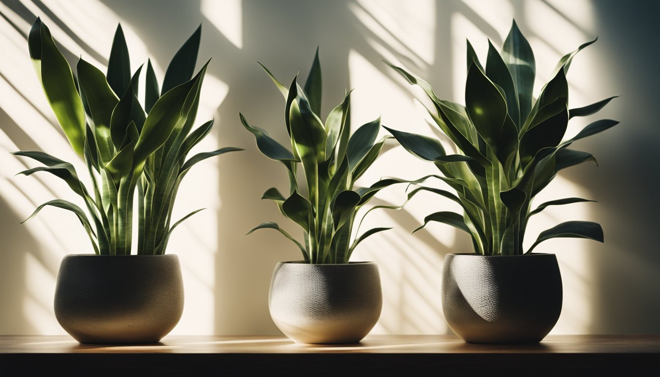 Sculptural snake plants in variegated ceramic pots, casting shadows against a textured wall in filtered light, with a thin mist adding mystery