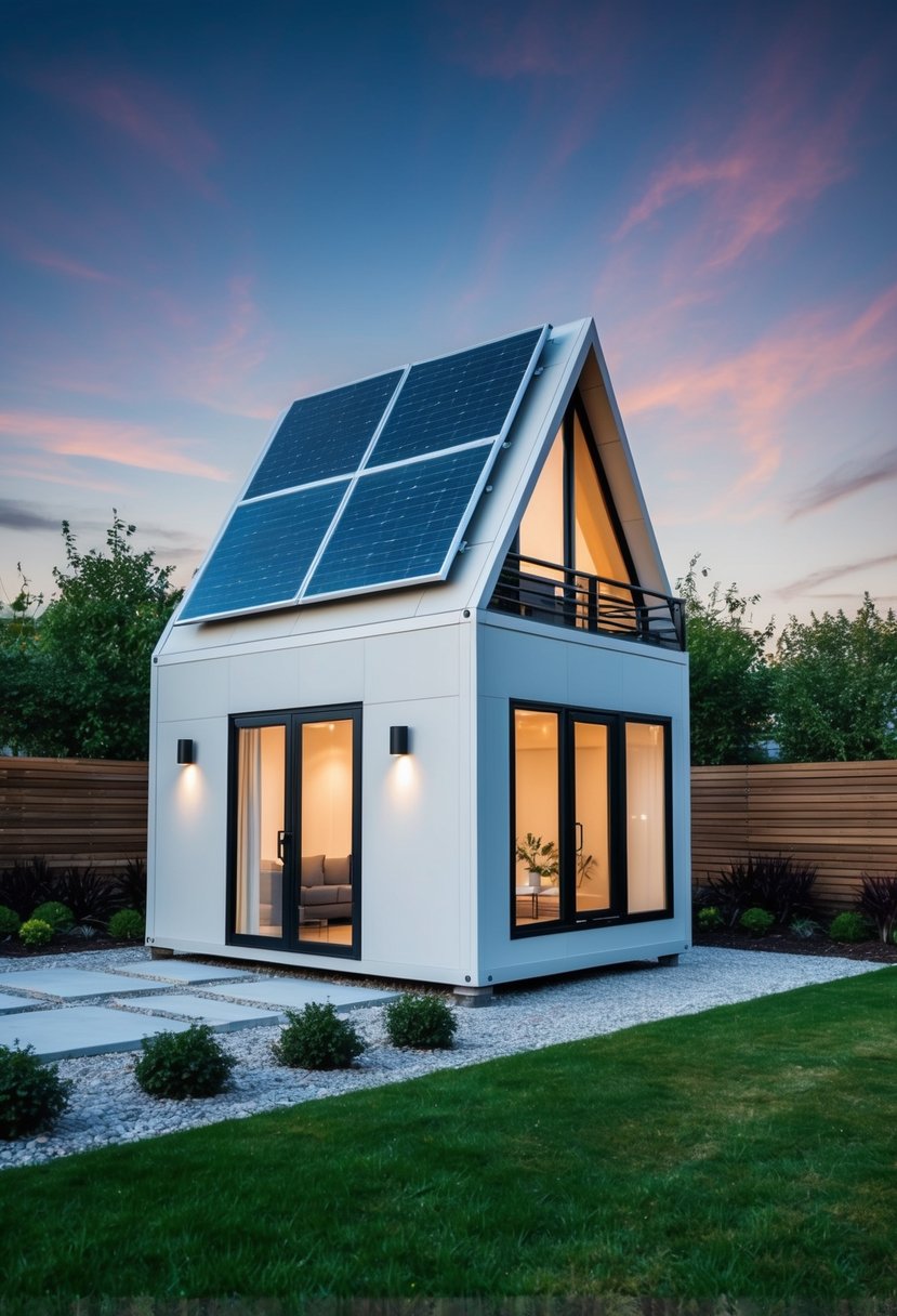 A sleek, compact prefabricated home with solar panels and integrated smart technology, surrounded by lush greenery and modern landscaping