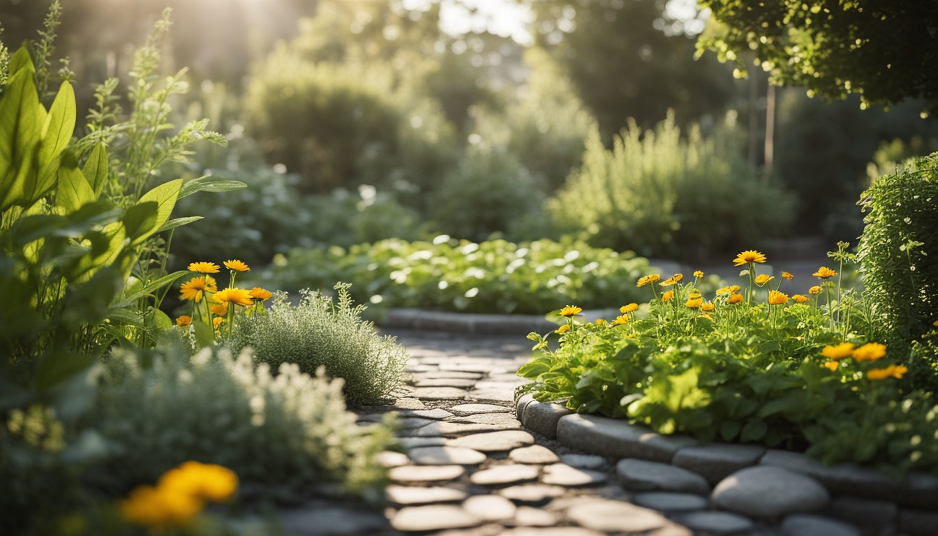 Lush circular herb garden with peppermint, lemon balm, and calendula. Holy basil and rosemary add height and texture, casting intricate shadows on stone pathways. Morning mist swirls around the plants