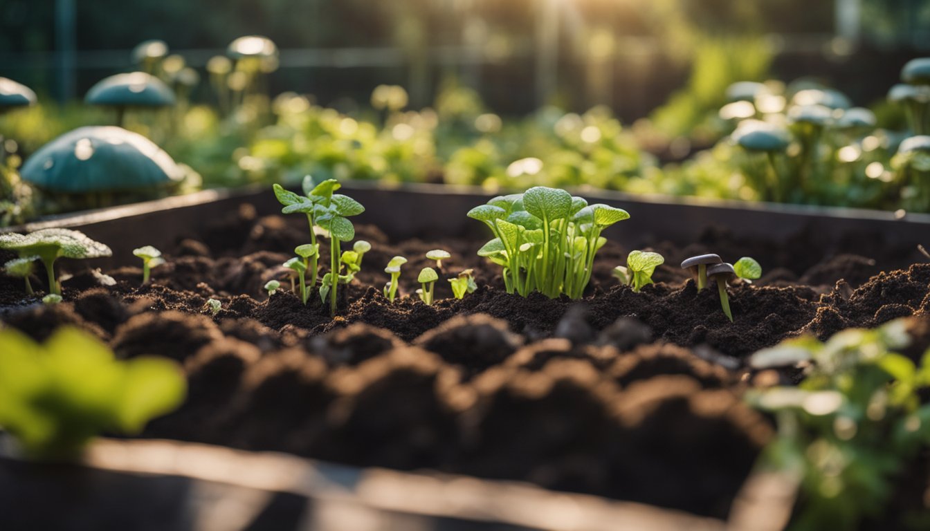 A raised garden bed with rich soil layers, dew, earthworms, mushrooms, and mist