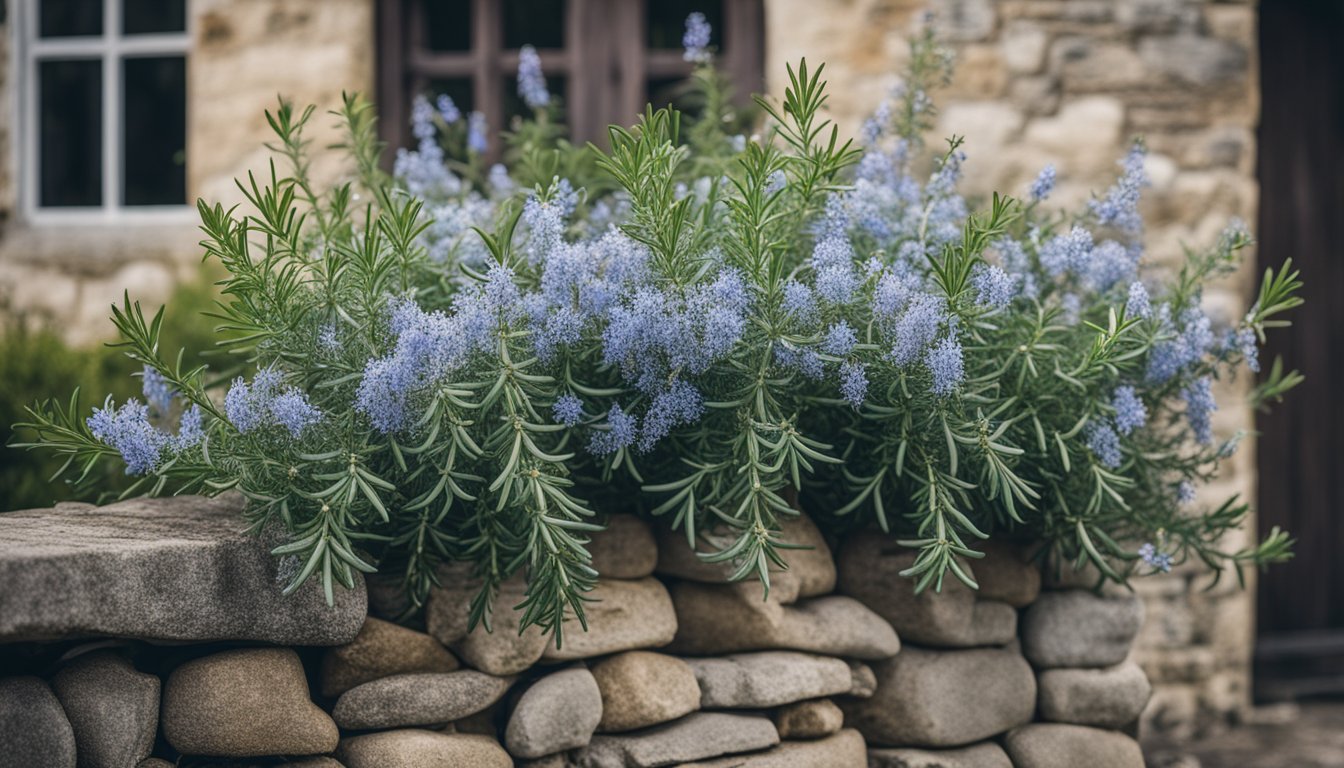 A mature English Rosemary bush in full bloom against a weathered stone cottage wall, its pale blue flowers cascading like a delicate waterfall