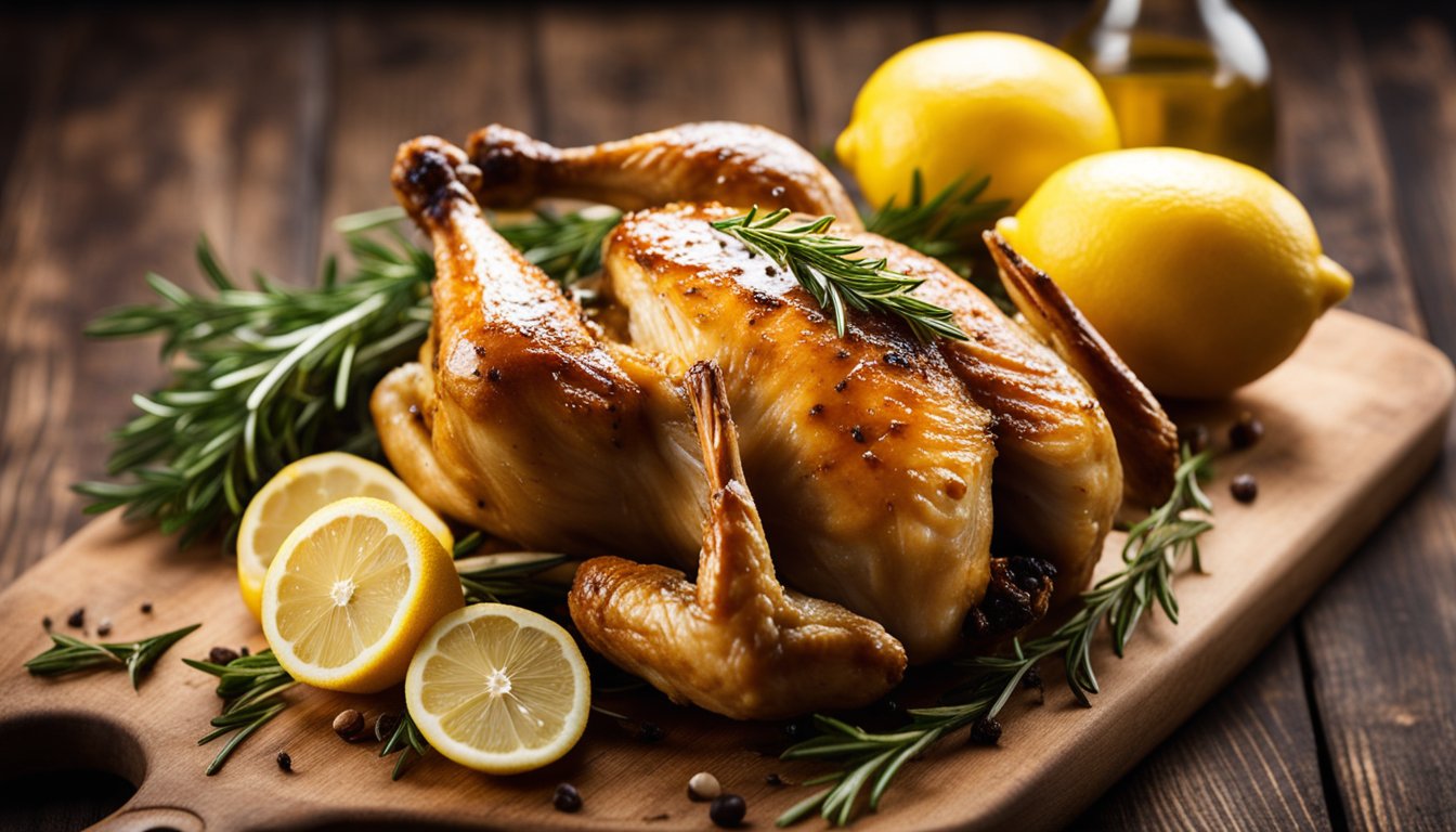 A golden-brown roasted chicken rests on a rustic wooden board, surrounded by fresh rosemary, garlic cloves, and lemon wedges, with steam rising from the crispy skin