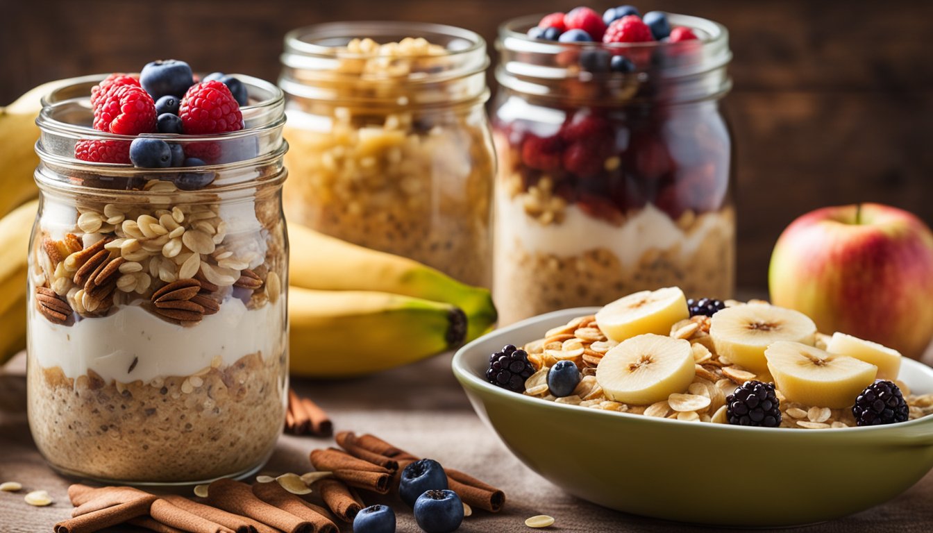 A rustic kitchen counter displays jars of overnight oats topped with bananas, berries, apples, cinnamon, and honey