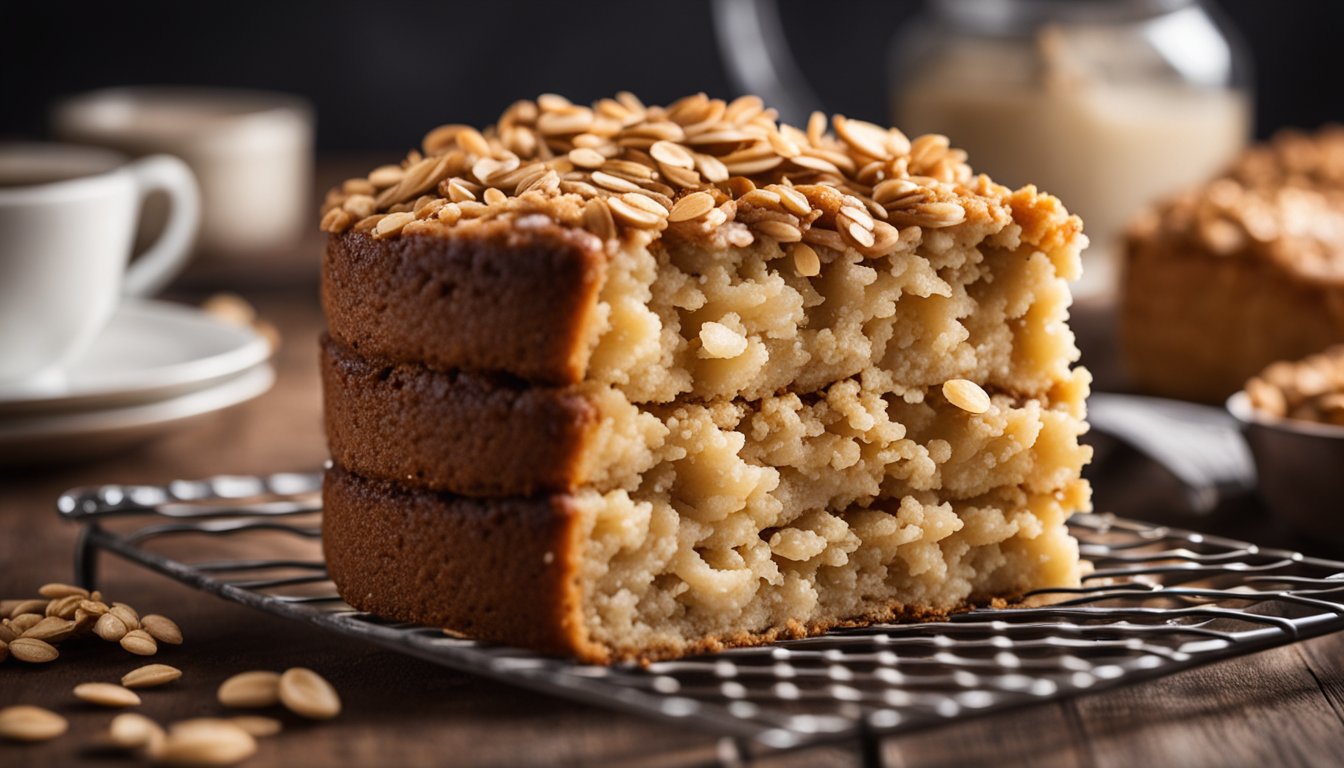 A golden-brown oatmeal cake on a cooling rack, crumbs scattered, against a rustic kitchen background