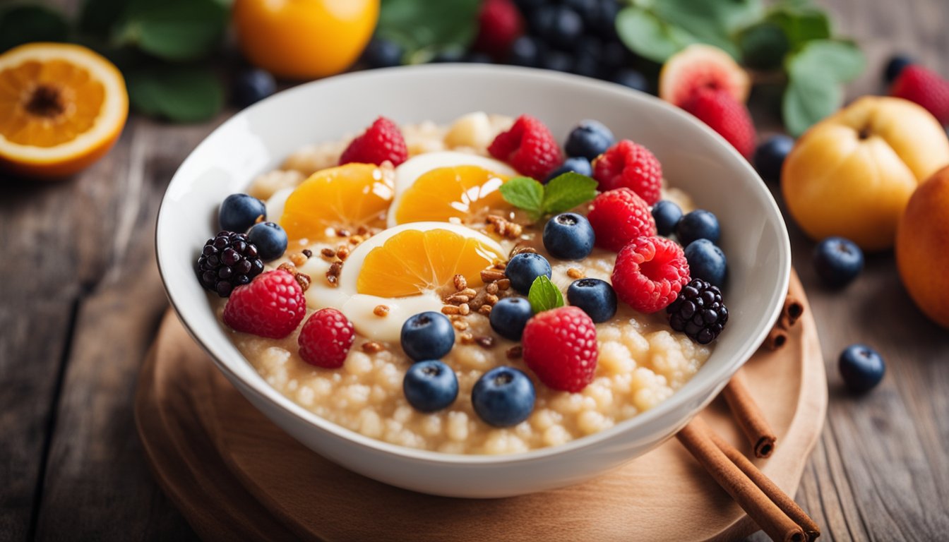 A steaming bowl of porridge with fresh fruits, cinnamon, and honey, on a cozy breakfast table