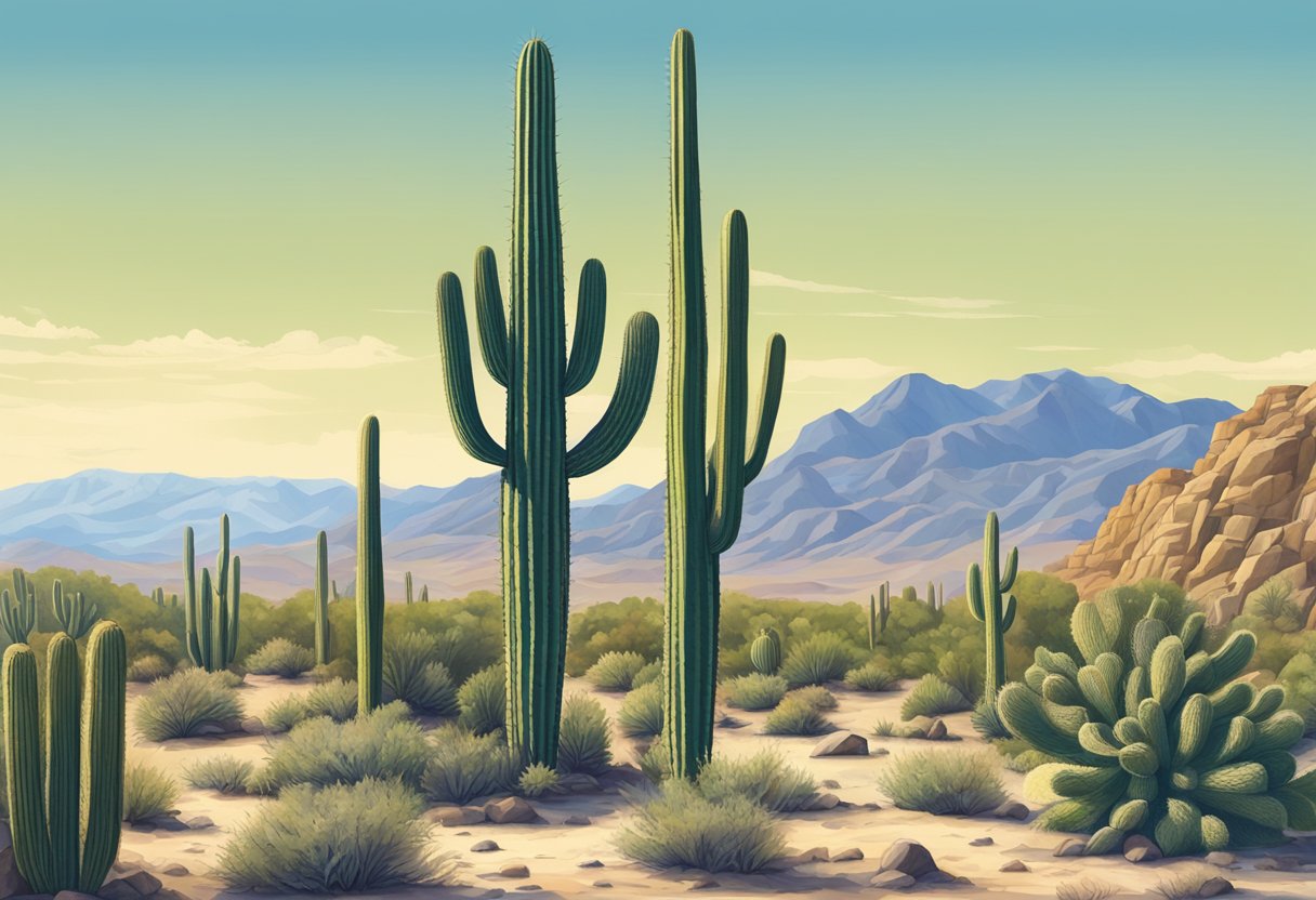 A San Pedro cactus stands tall in the desert, surrounded by rocky terrain and a clear blue sky overhead