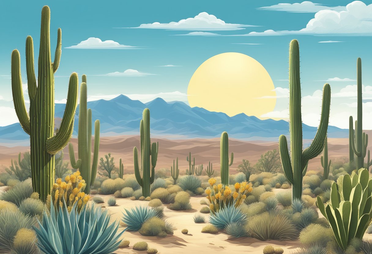 A desert landscape with a San Pedro cactus surrounded by other desert flora, under a clear blue sky