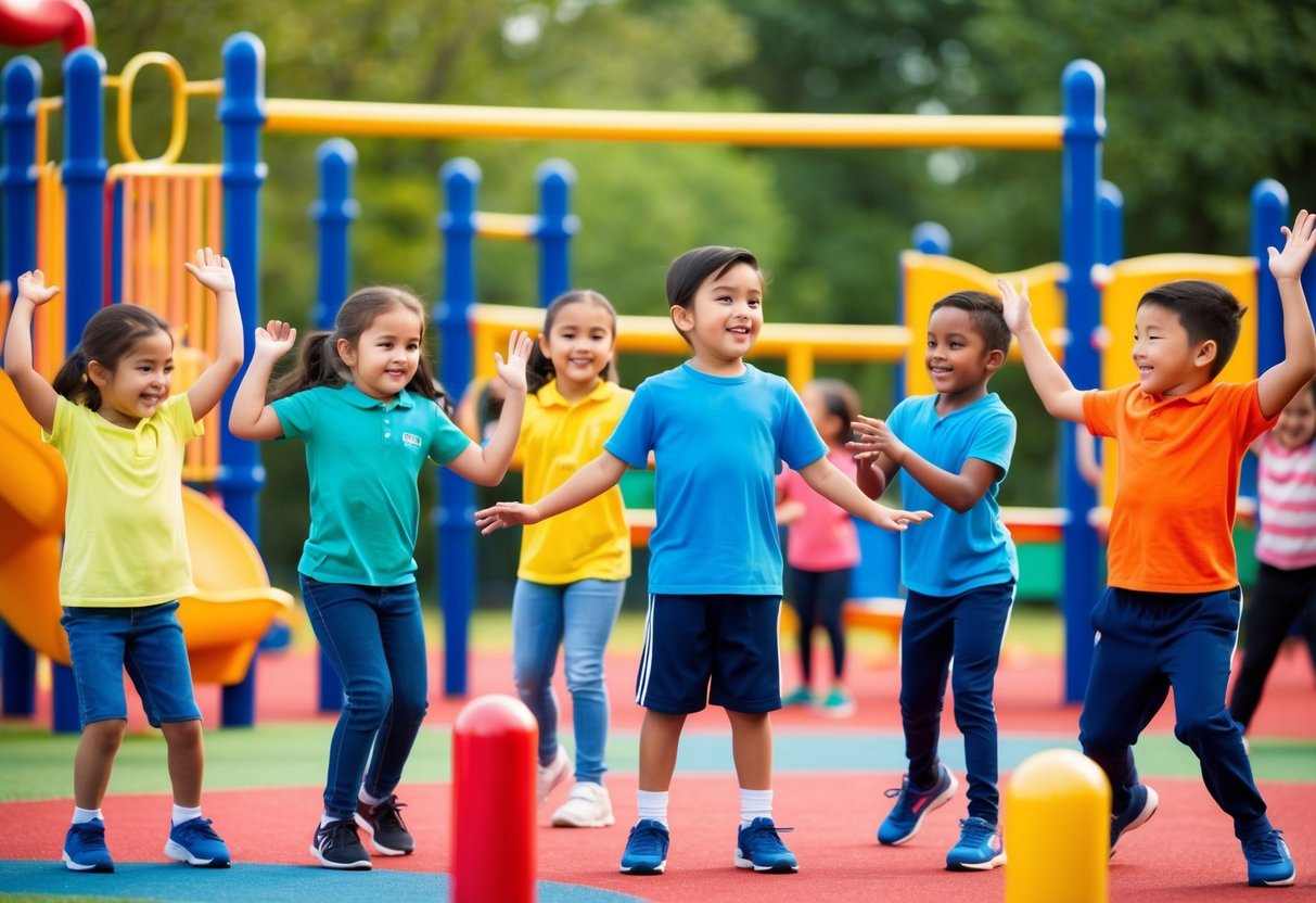Um grupo de crianças de 5 anos brincando em vários jogos de educação física em um playground ao ar livre colorido e animado.